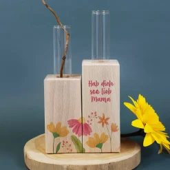 Vase mit Blumenmotiv und Ihrem Wunschtext - Reagenzgläser in Holzsockel
