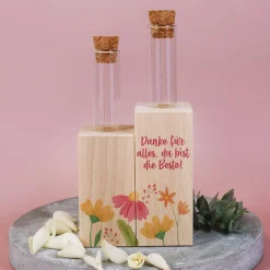 Vase mit Blumenmotiv und Ihrem Wunschtext - Reagenzgläser in Holzsockel
