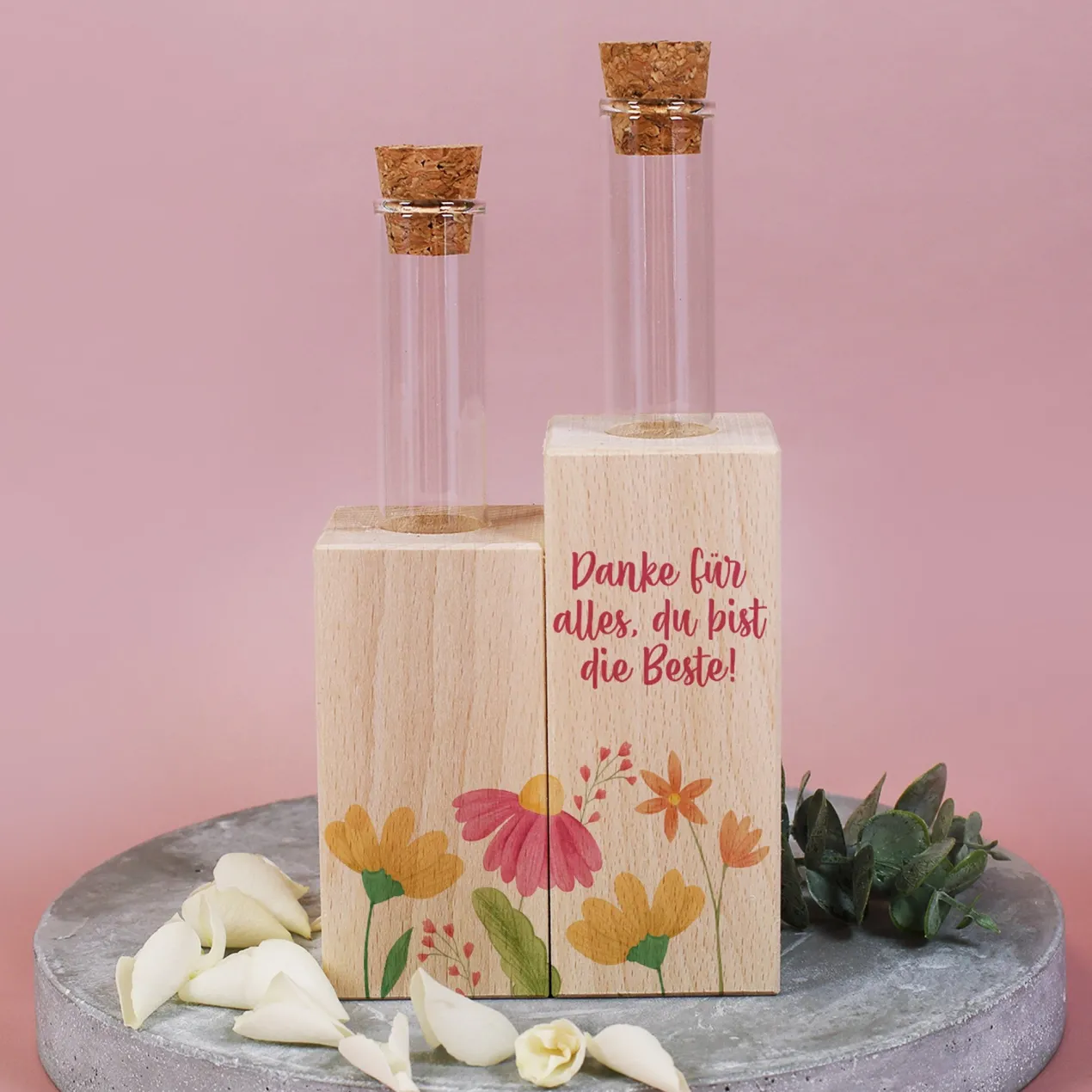 Vase mit Blumenmotiv und Ihrem Wunschtext - Reagenzgläser in Holzsockel