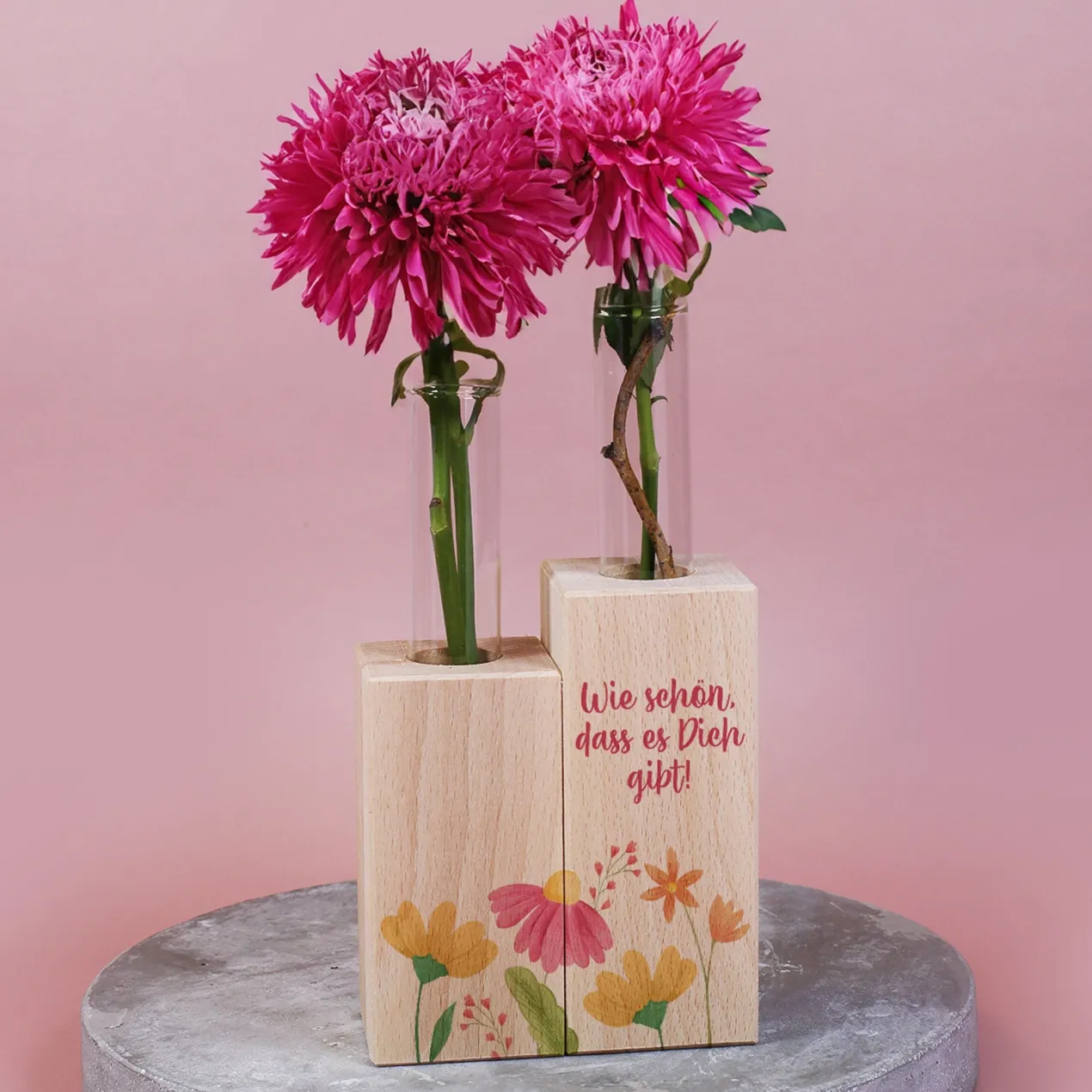 Vase mit Blumenmotiv und Ihrem Wunschtext - Reagenzgläser in Holzsockel
