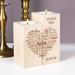 Vatertagsgeschenk - Teelichthalter aus Holz mit graviertem Herz & Wunschtext