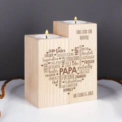 Vatertagsgeschenk - Teelichthalter aus Holz mit graviertem Herz & Wunschtext