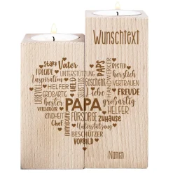 Vatertagsgeschenk - Teelichthalter aus Holz mit graviertem Herz & Wunschtext