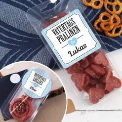 Vatertagssnack Mini Salamiherzen oder Lollies mit Name auf dem Etikett