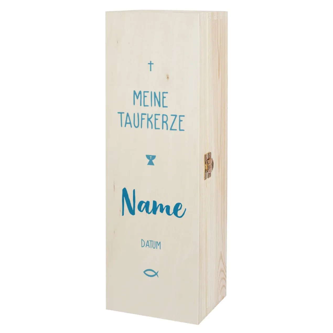 Verpackung für Taufkerzen - Holzbox mit Name und Datum in drei Farben zur Auswahl