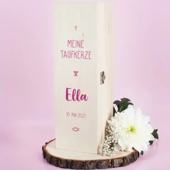 Verpackung für Taufkerzen - Holzbox mit Name und Datum in drei Farben zur Auswahl