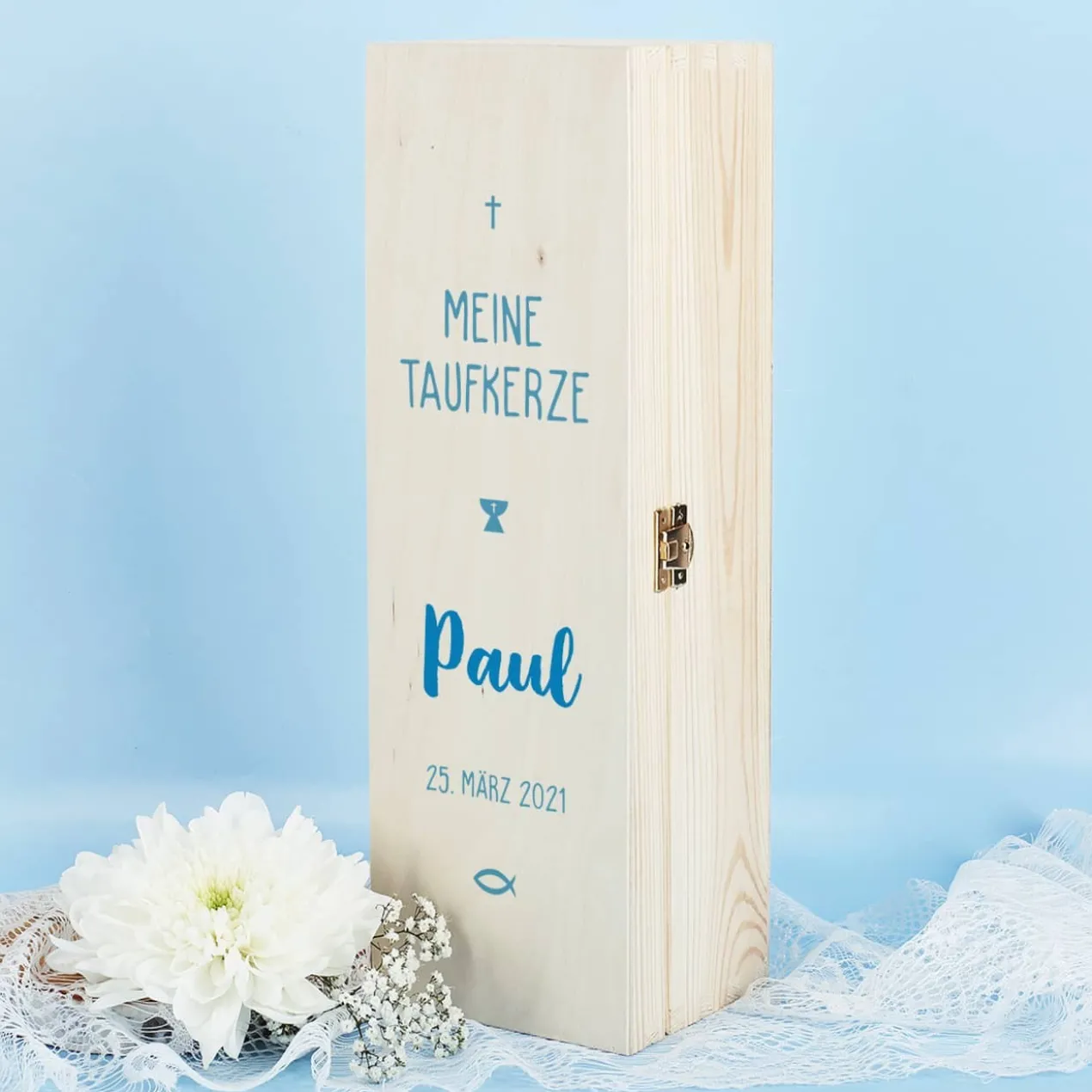 Verpackung für Taufkerzen - Holzbox mit Name und Datum in drei Farben zur Auswahl