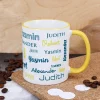 Vier Namen - Familientasse mit gelbem Rand und Henkel