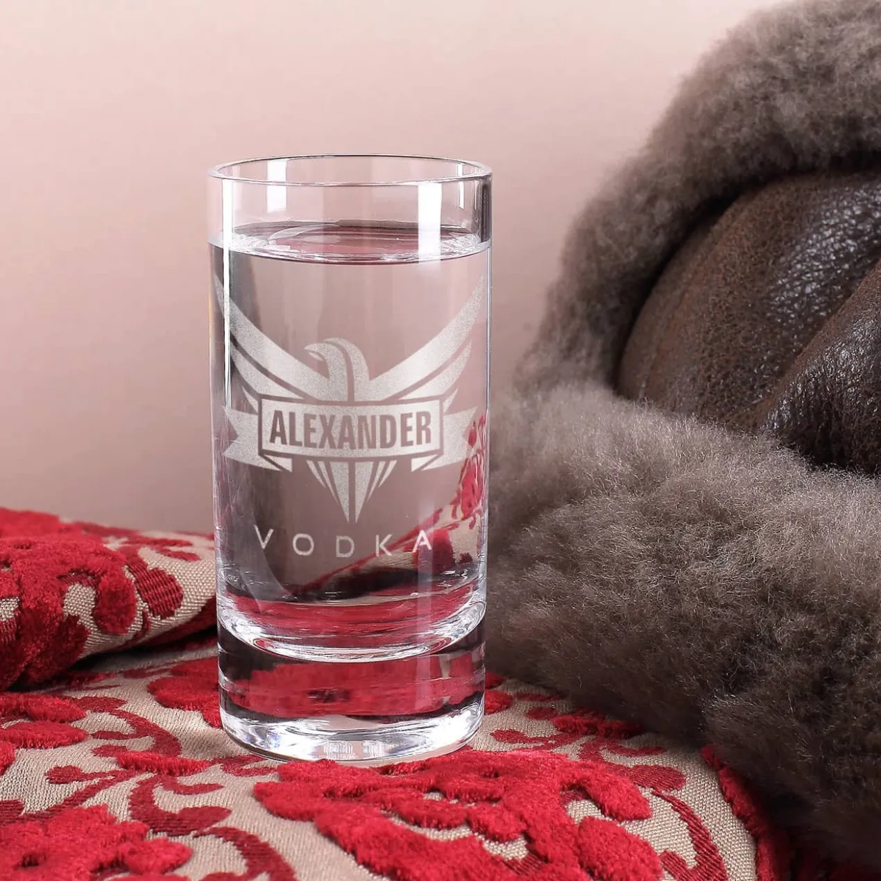 Vodka Smirnoff mit graviertem Vodkaglas in bedruckter Geschenkbox mit Glückwunschtext