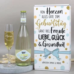 Von Herzen alles Gute - Geschenkset zum Geburtstag mit Sektglas und Secco