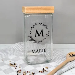 Vorratsdose mit Bambusdeckel personalisiert mit Initiale und Wunschtext | Keksdose