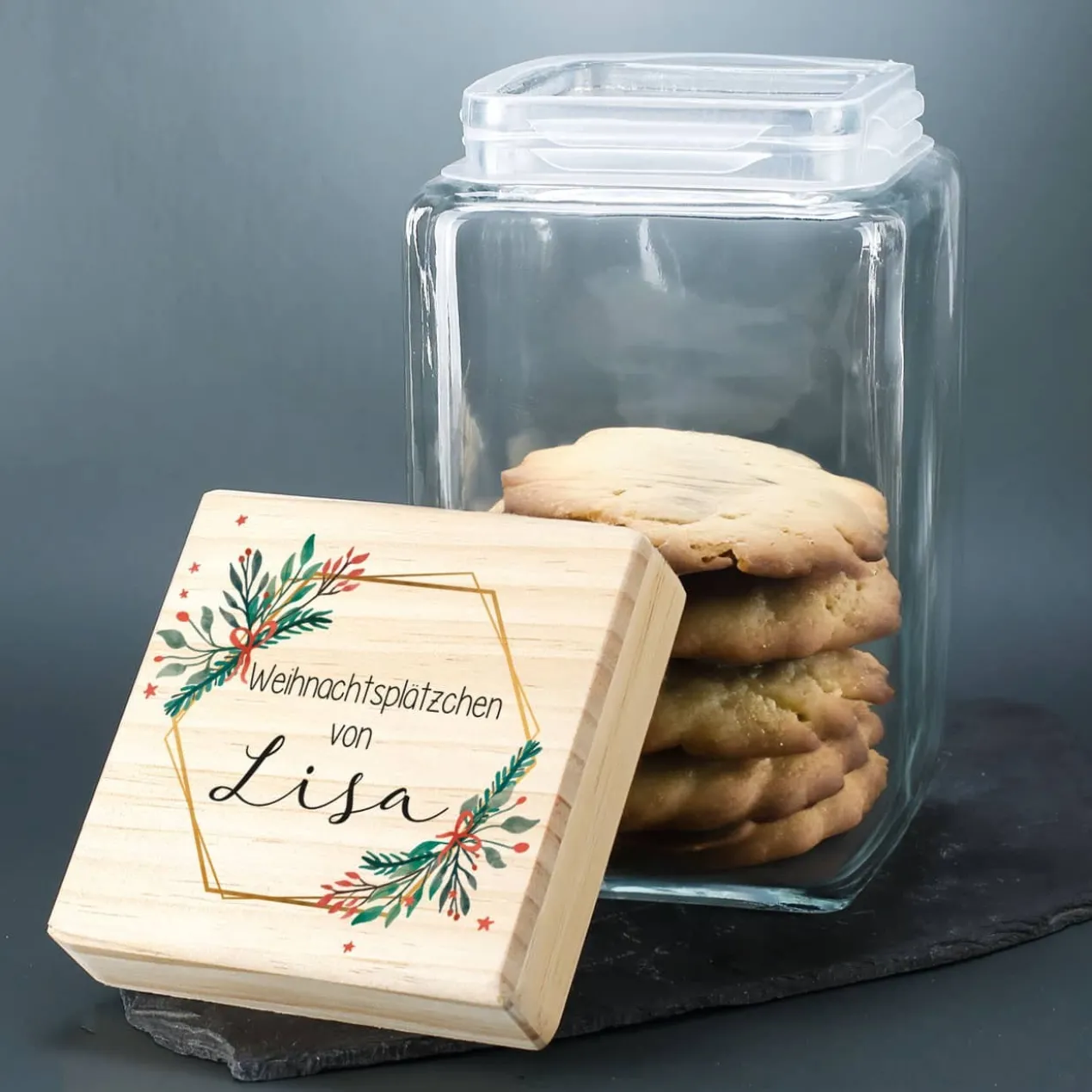 Vorratsglas in 4 Größen mit Name, Wunschtext und weihnachtlichen Aufdruck