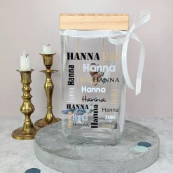 Vorratsglas mit Bambusdeckel & Name personalisiert als Geldgeschenk | Keksdose für Naschkatzen