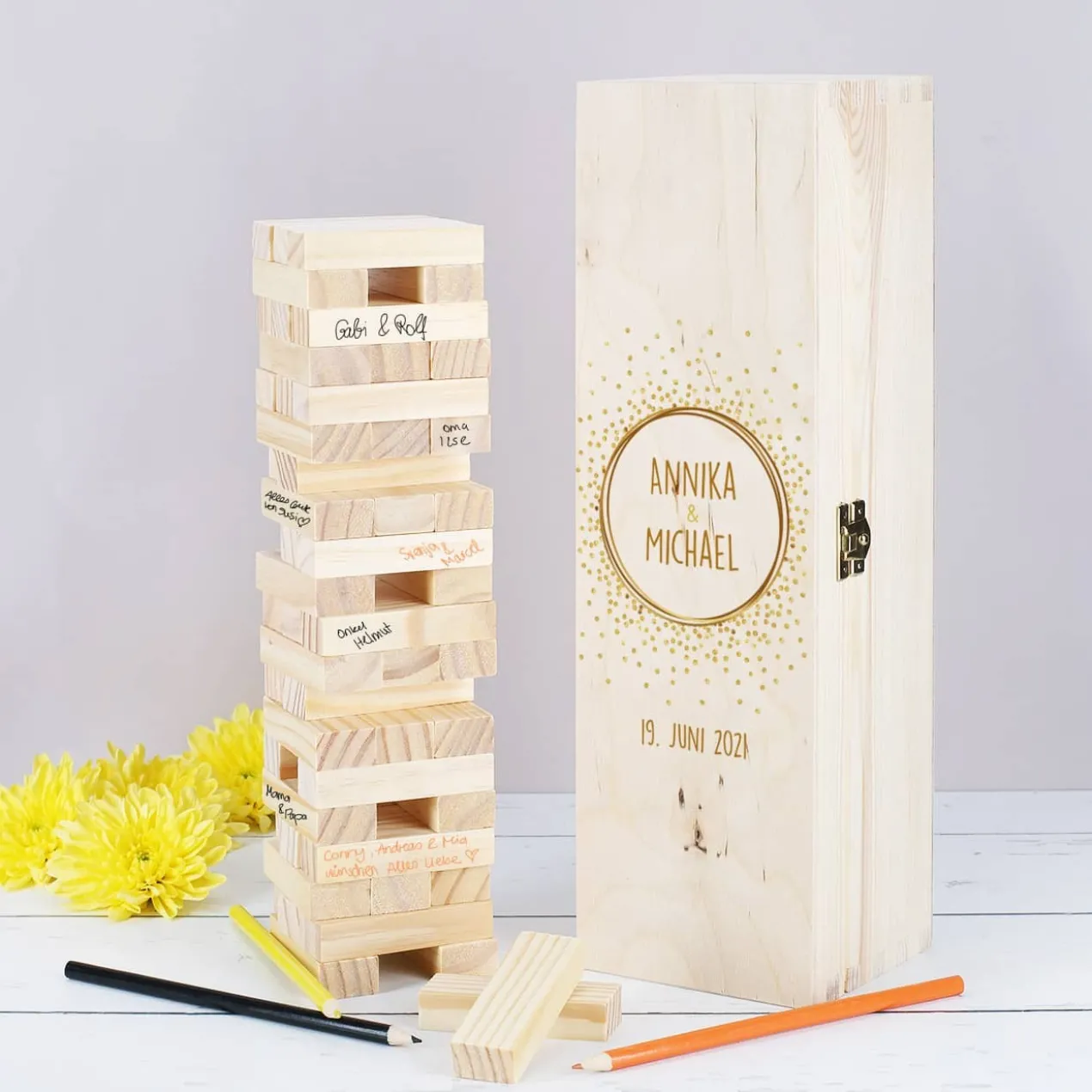 Wackelturm Gästebuch zur Hochzeit mit persönlicher Geschenkbox