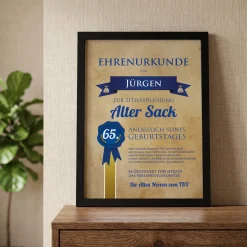 Wandbild mit Urkunde zum Geburtstag Alter Sack