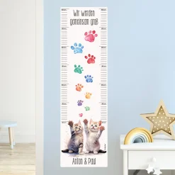 Wandtattoo Messlatte Katzen-Zwillinge mit Namensaufdruck für Geschwister