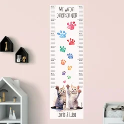 Wandtattoo Messlatte Katzen-Zwillinge mit Namensaufdruck für Geschwister