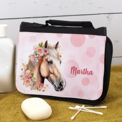 Waschtasche für Mädchen mit Pferdemotiv und Name personalisiert | Kulturtasche für Kinder