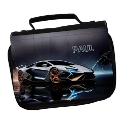 Waschtasche mit Sportwagen-Motiv für Jungen mit Name personalisiert | Kulturbeutel in schwarz