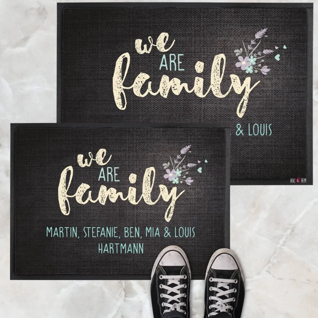 We are family - bedruckte Fußmatte mit 2 Zeilen Wunschtext