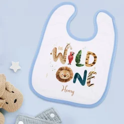 Weiß/blaues Lätzchen - little Wild One - mit Wildtieren und Name