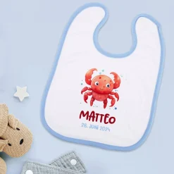 Weiß/blaues Lätzchen mit Sternzeichen, Name und Datum
