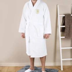Weicher Bademantel mit Initialen bestickt in Silber oder Gold, Unisex Gr. S-XXL