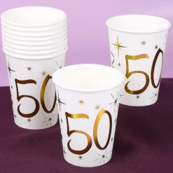 10 weiße Pappbecher mit Gold-Metallic zum 50. Geburtstag