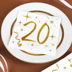 Weiße Servietten zum 20. Geburtstag in Gold-Metallic