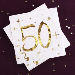 Weiße Servietten zum 50. Geburtstag in Gold-Metallic