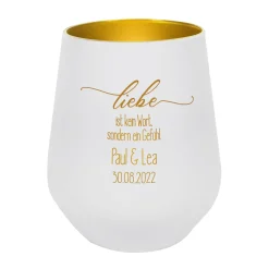 Weißes Windlicht zur Hochzeit - Liebe ist kein Wort, sondern ein Gefühl - mit Namen und Datum