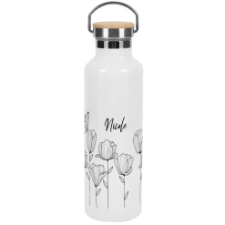 Weiße Thermosflasche mit Blumenmotiv und Schmetterlingen bedruckt
