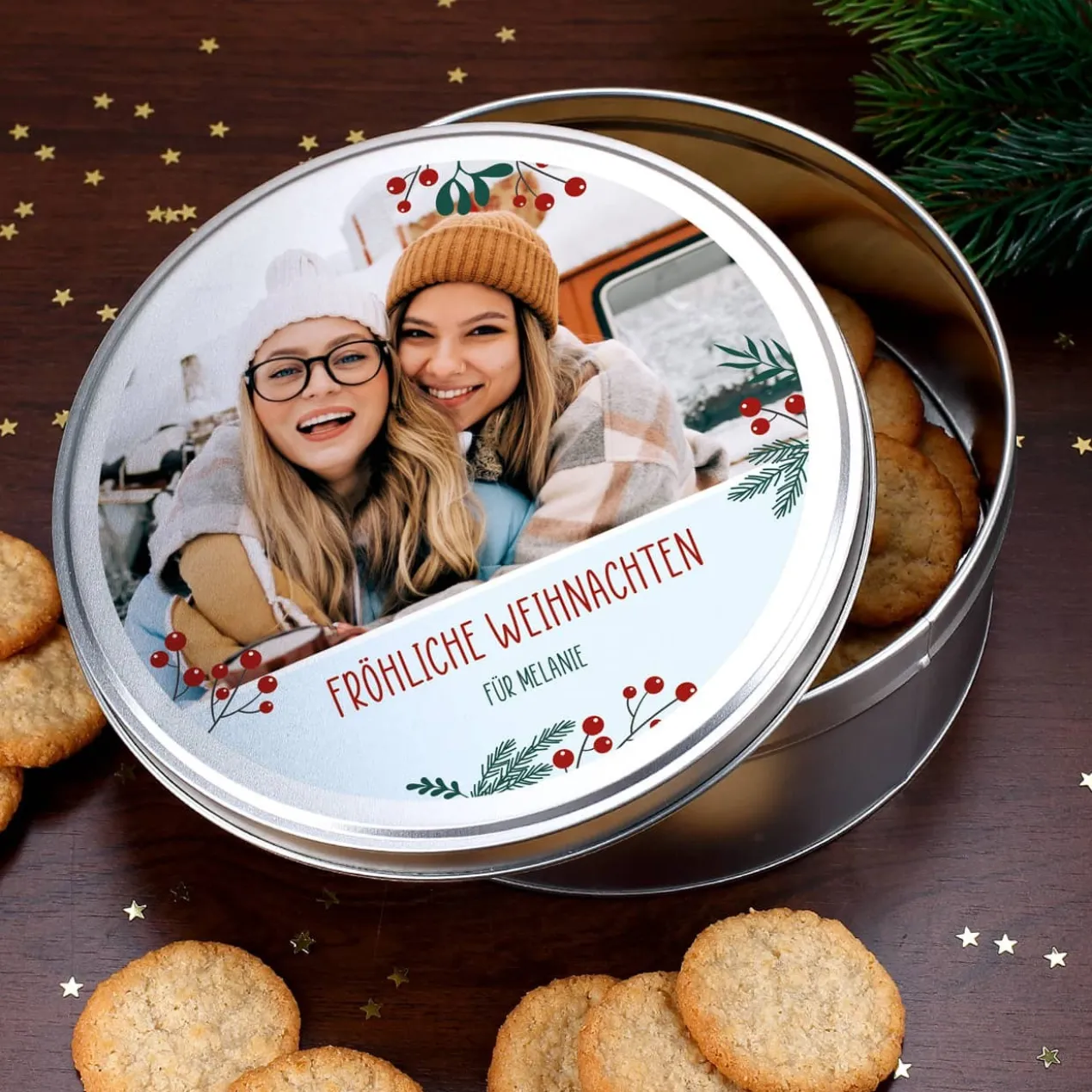 Weihnachtliche Geschenkdose mit Ihrem Foto und Text