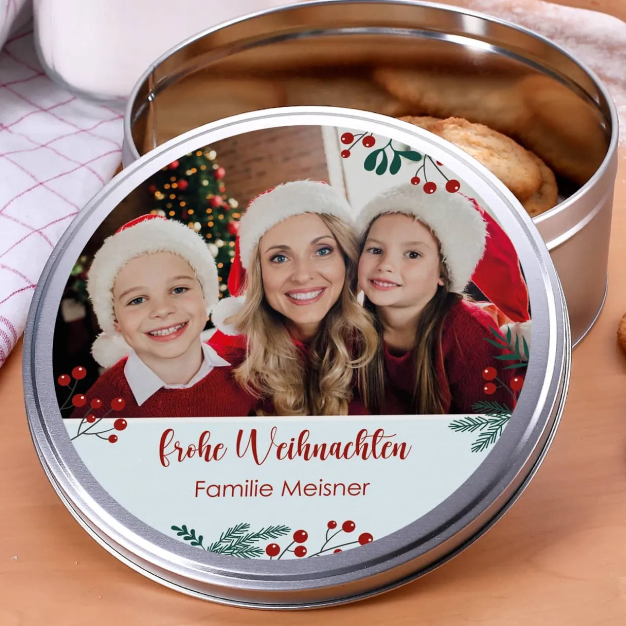 Weihnachtliche Geschenkdose mit Ihrem Foto und Text