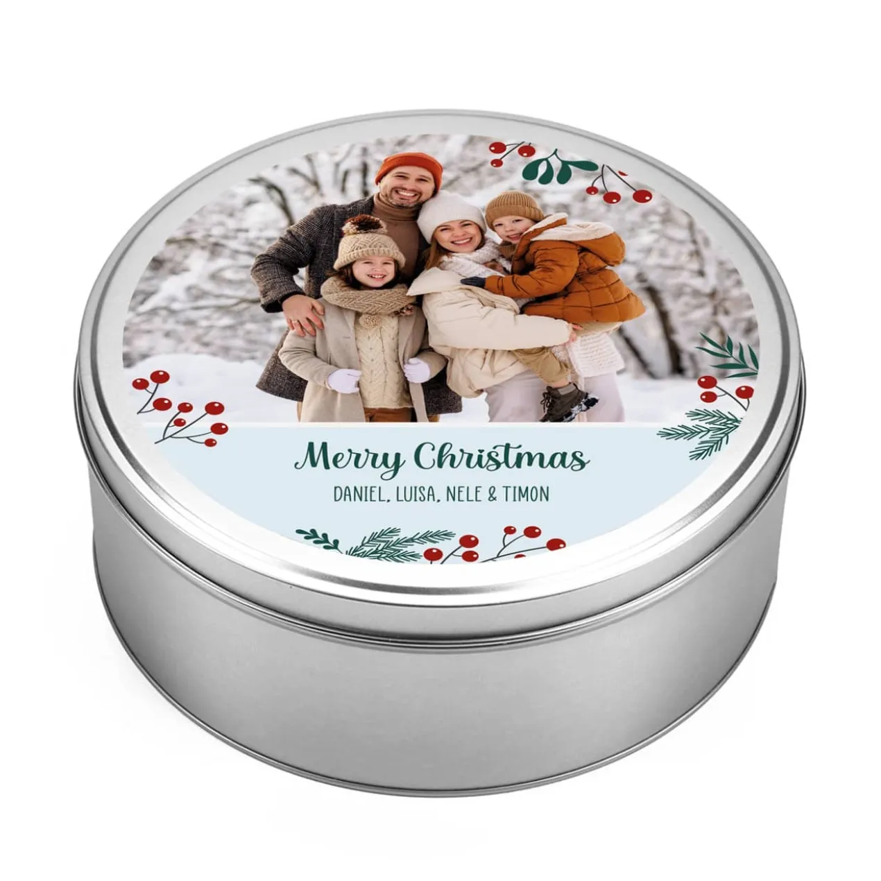 Weihnachtliche Geschenkdose mit Ihrem Foto und Text