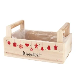 Weihnachtliche Holzkiste mit 2 Griffen und Ihrem Text bedruckt
