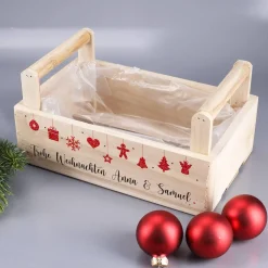 Weihnachtliche Holzkiste mit 2 Griffen und Ihrem Text bedruckt