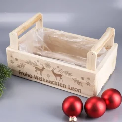 Weihnachtliche Holzkiste mit 2 Griffen und festlicher Gravur