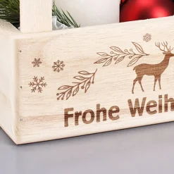 Weihnachtliche Holzkiste mit 2 Griffen und festlicher Gravur