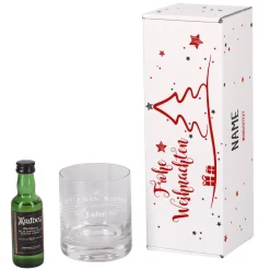 weihnachtliche Pappbox mit Ardbeg Mini Flasche und graviertem Whiskyglas