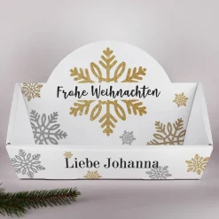 Weihnachtlicher Geschenkkorb mit Schneeflockenmotiv und Wunschtext