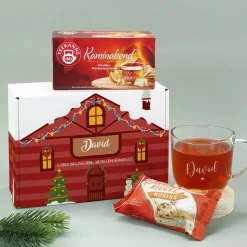 Weihnachtliches Geschenkset mit personalisierbarer Weihnachtshausverpackung, Teekanne Tee, kleinen S