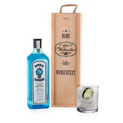 Weihnachtliches Gin Geschenkset mit personalisierter Holzbox und Glas