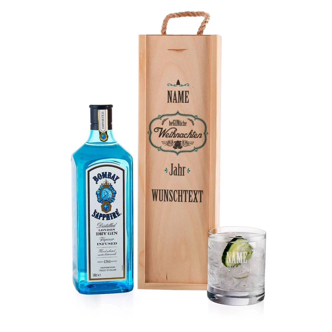 Weihnachtliches Gin Geschenkset mit personalisierter Holzbox und Glas