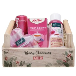 Weihnachtsgeschenkkorb für Frauen mit Wellness Inhalt und persönlichem Druck