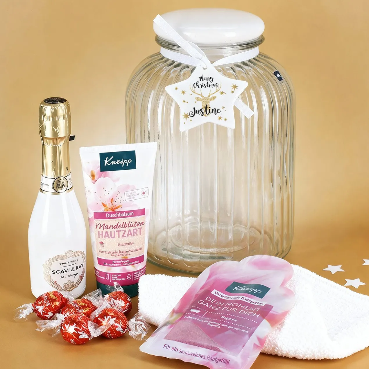 Weihnachtsgeschenkset für Frauen - gefüllte Glasdose mit praktischem Inhalt