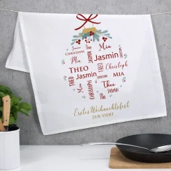 Weihnachts-Geschirrtuch mit bis zu vier Namen und Wunschtext bedruckt