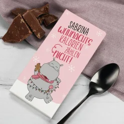 Weihnachtskalorien zählen nicht! - 100g Schokolade mit Wunschname und Nilpferd