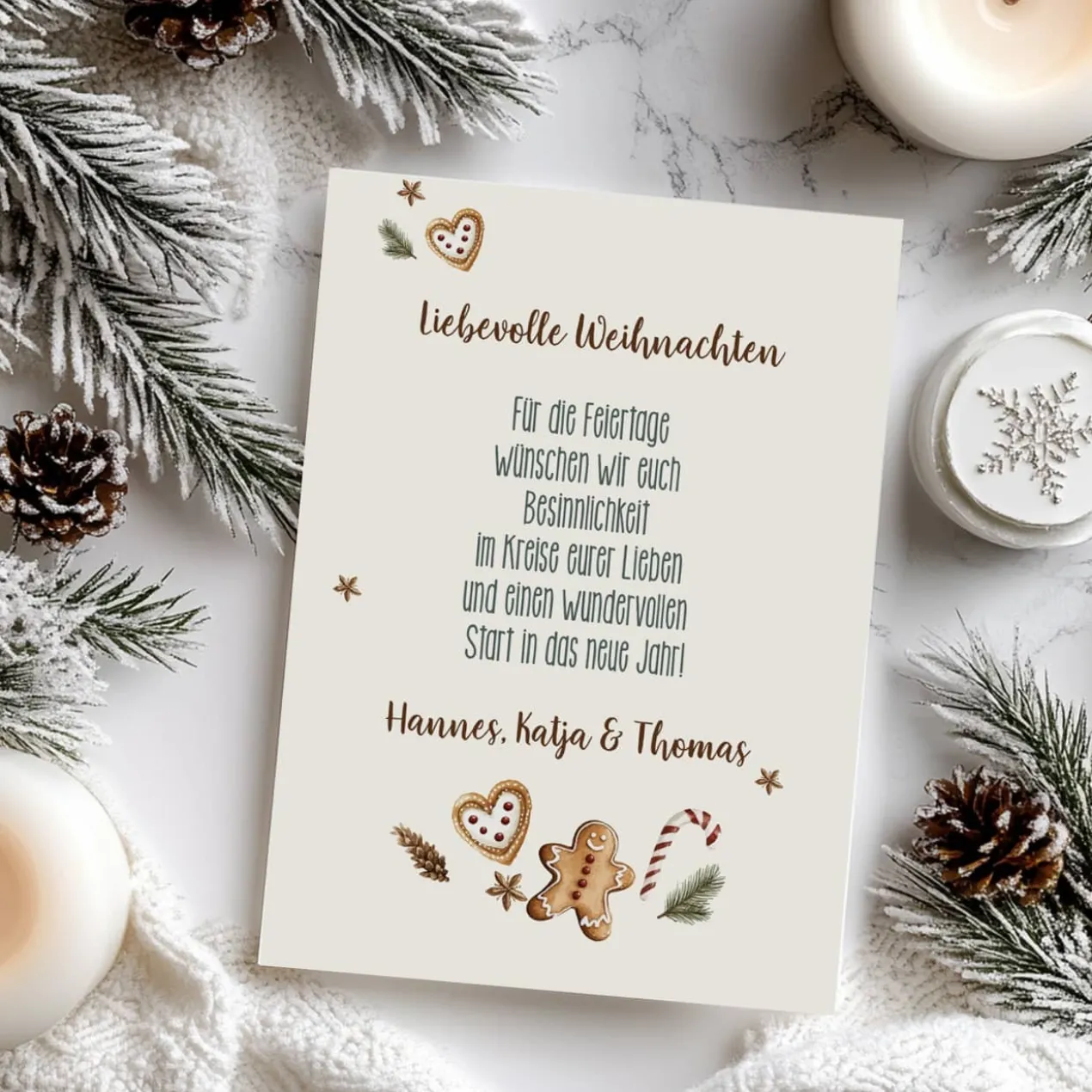 Weihnachtskarte mit Lebkuchen-Motiv, Foto und Ihrem Text