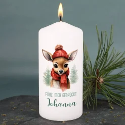 Weihnachts-Kerze mit kleinem Rentier, Wunschtext & Name